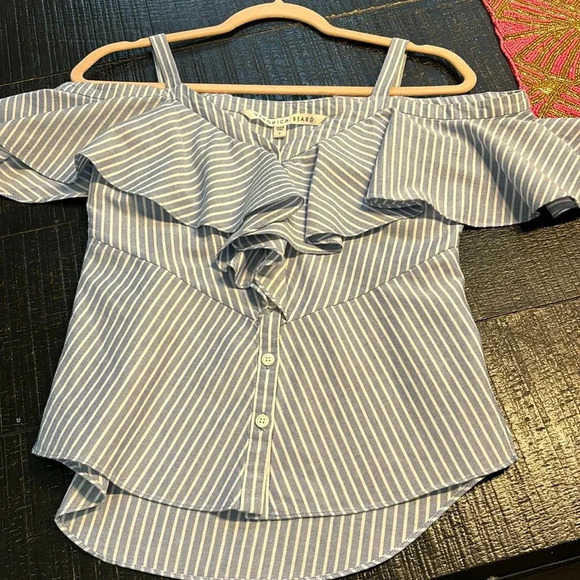 Veronica Beard Grand Off the Shoulder Top Striped Blue White size 0 - Picture 12 of 16
